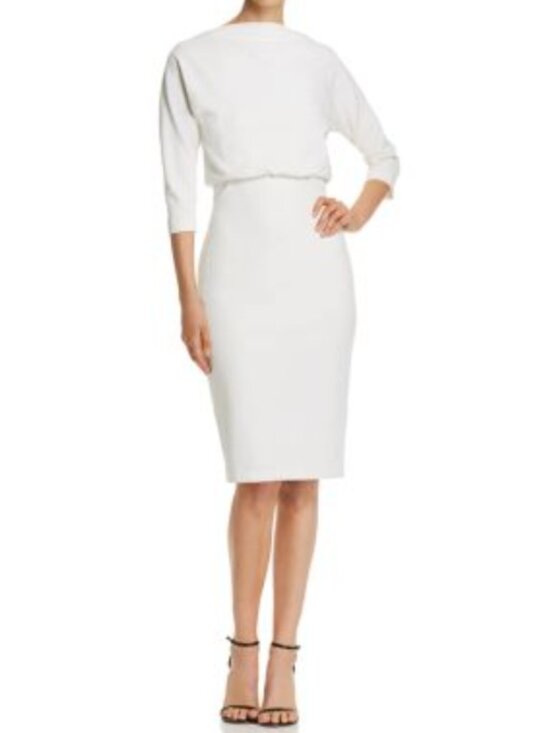 Badgley Mischka Dresses & Skirts - NWT Badgley Mischka Boat Neck Blouson Sheath Dress 3/4 Sleeve Midi Ivory $295.00